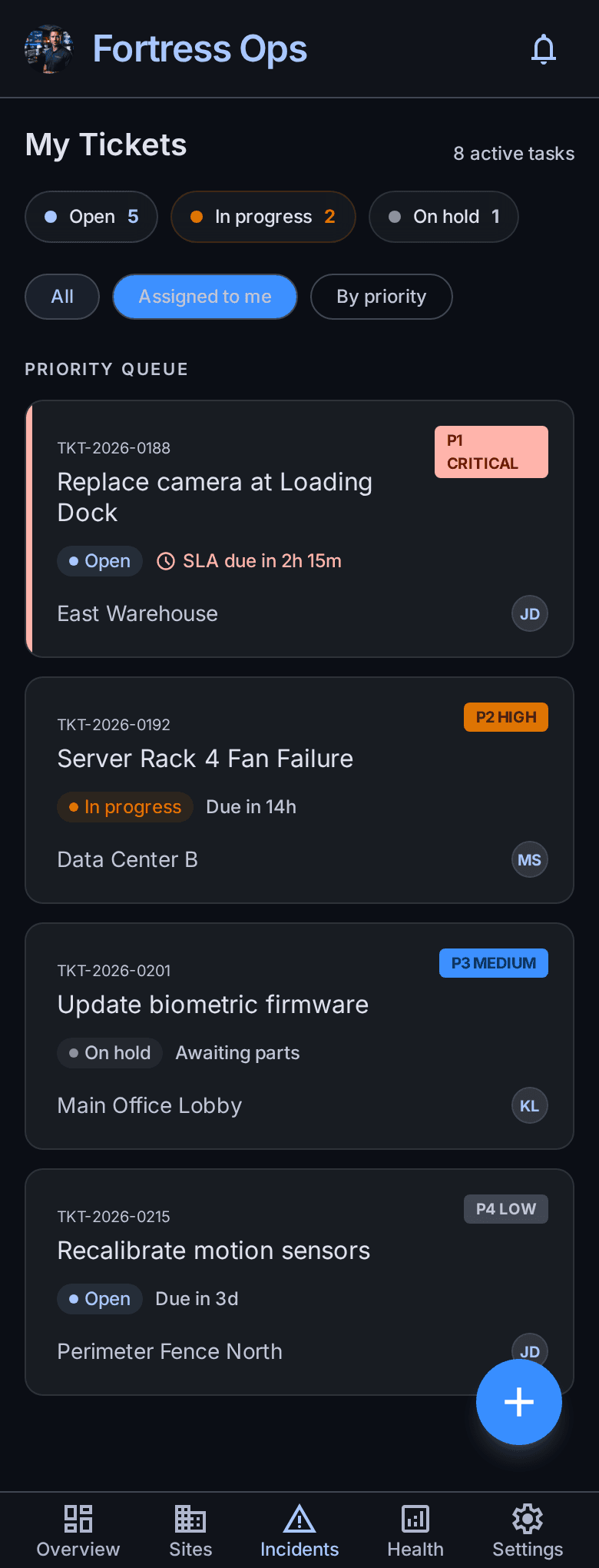 IOSentra mobile app - technician work queue sorted by SLA urgency