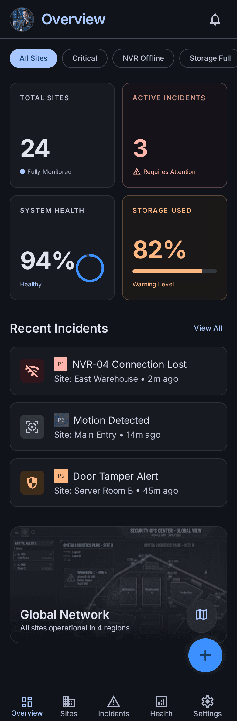 IOSentra mobile app - health dashboard with system score and incident feed